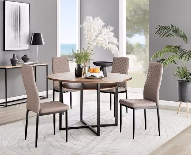 FurnitureboxUK Adley Brown Wood Round Dining Table with 4 Milan Beige Chairs and Black Legs