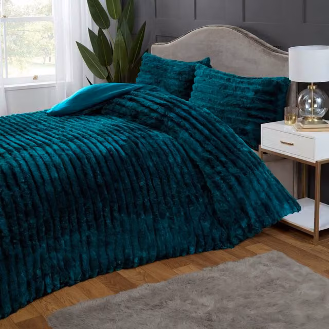 Rapport Home Chunky Ribbed Plush Duvet Cover and Pillowcase Set, Green, W: 140 cm, L: 200 cm