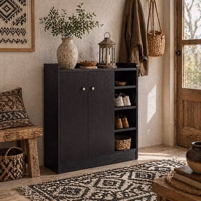Wyld Haus Rala Black Modern Shoe Cabinet with 9 Shelves and 2 Hinged Doors, H 90 cm x W 30 cm x D 30 cm – 1