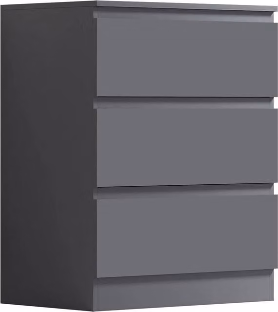FLAVORA Scandinavian Matt Grey Handleless 3 Drawer Bedside Chest