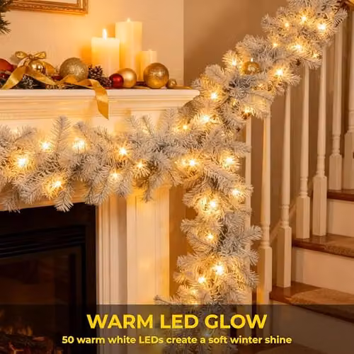 Shatchi 2m Alaskan White Pine Christmas Garland with Warm White LED Lights – 4