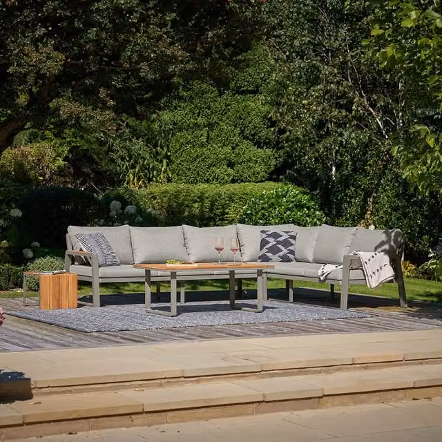 Pacific Lifestyle 6 Seater Outdoor Corner Sofa Set with Coffee Table and Side Table in Soft Grey and Teak