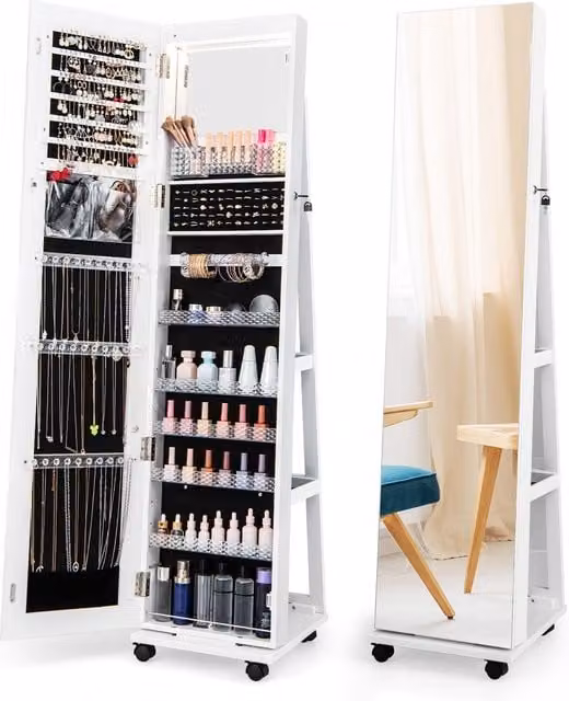 Gymax 360 Rotating White Standing Jewelry Armoire with Mirror and LED Lighting