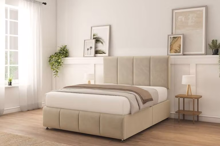 Sloomy Lisbon Plush Divan Bed Base with 26 inch Strutted Headboard and 12 inch Matching Footboard, Beige, Super King, W/D/H: 200 x 200 cm
