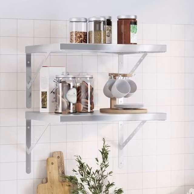 Berkfield Home Set of 2 Silver Stainless Steel Wall Mounted Shelves, W: 50 cm, H: 40 cm
