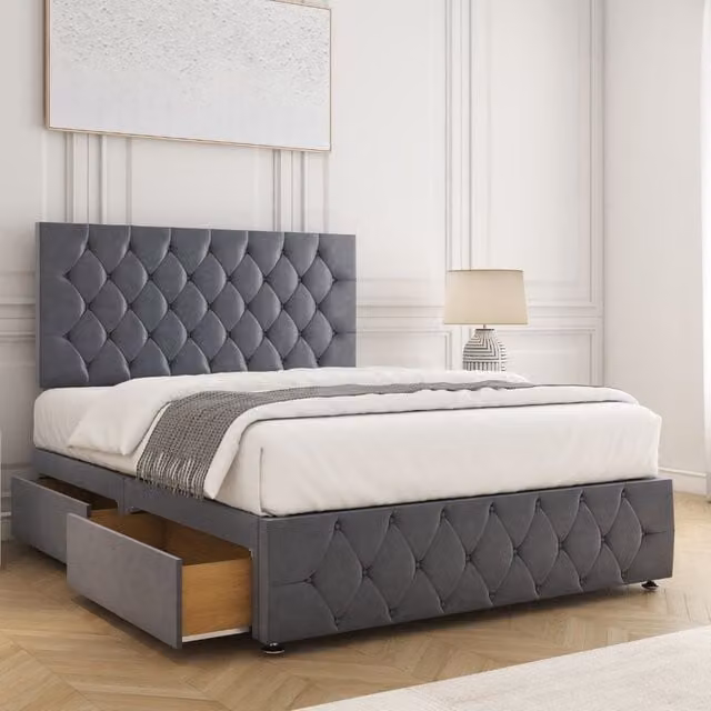 BSSPOKE Mulberry Double Divan Bed Set with 24 inch Plush Headboard, 2 Drawers, Footend and Mattress in Charcoal Grey Velvet Fabric, W/D/H: 140 x 200 cm