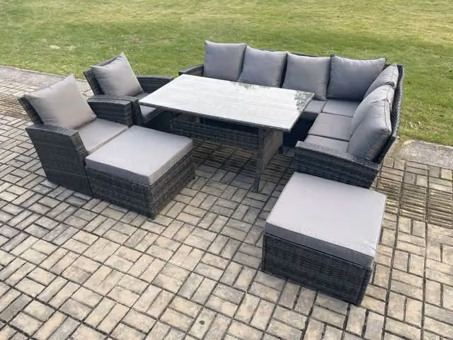 Fimous 10 Seater Grey Rattan Garden Furniture Set with Corner Sofa, Dining Table, Chairs, 2 Armchairs and 2 Footstools