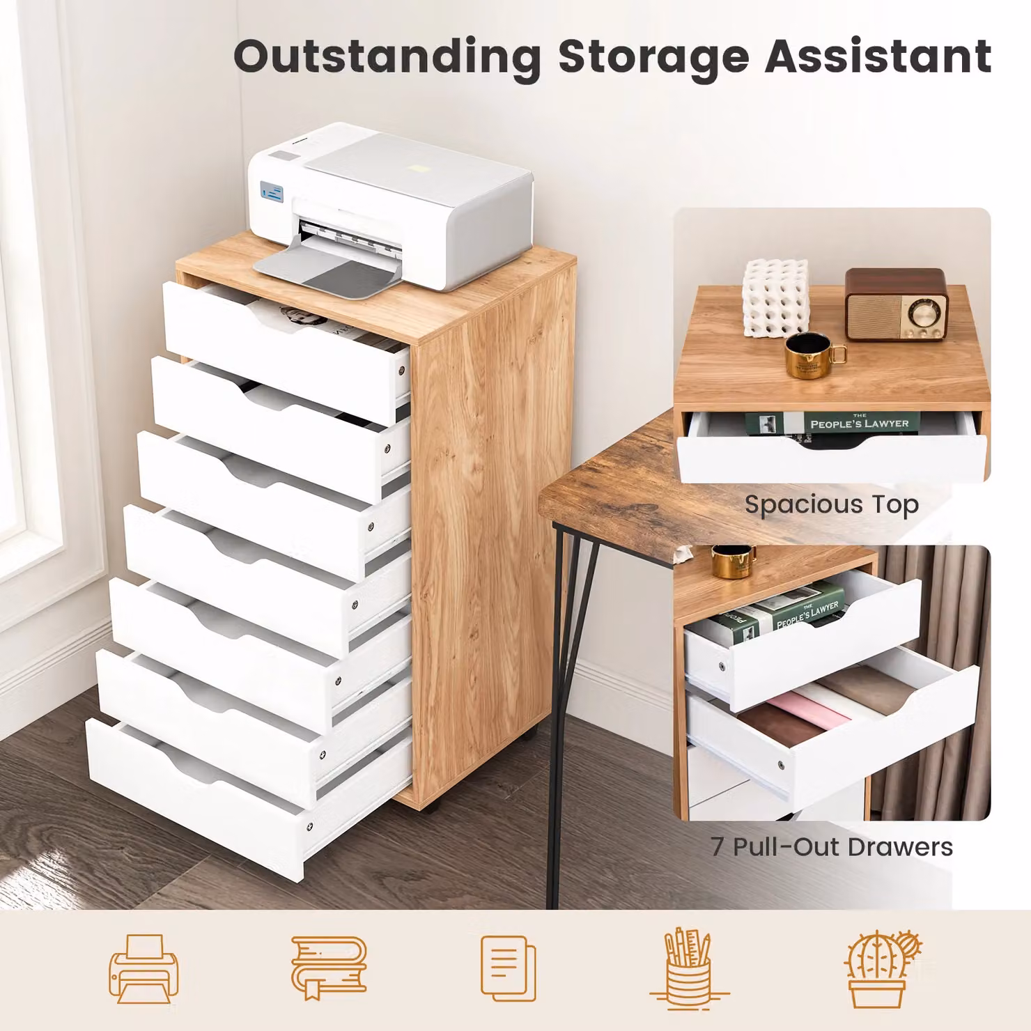 Costway Modern 7-Drawer Mobile Lateral Filing Cabinet and Home Office Storage Chest in White and Multicolour – 4