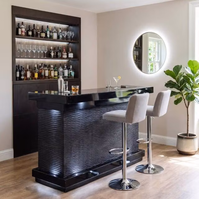 Home Luxe Aura Black Glossy Drinks Bar with LED Lights, Bluetooth Speakers and Glass Details