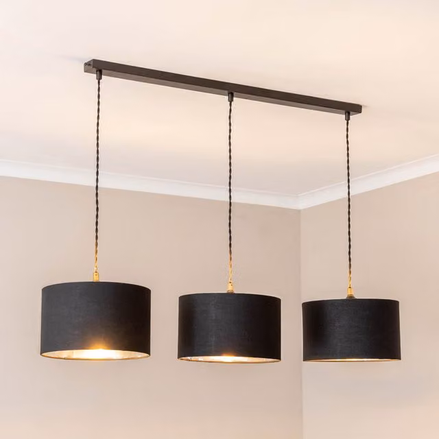 ValueLights Reni 3 Drop Bar Metallic Shade Pendant Ceiling Light in Matte Black and Silver with LED Bulbs