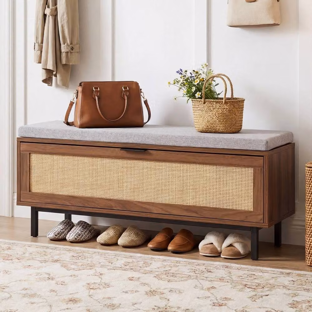 Havendro Brown Rattan Shoe Bench with Padded Fabric Cushion – 3