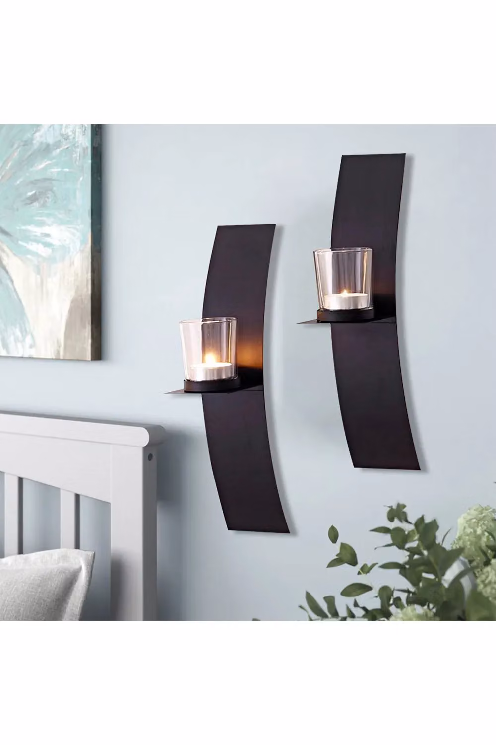 Living and Home Set of 2 Black Wall-Mounted Arched Sconce Style Tealight Candle Holders with Transparent Glass Cups – 2