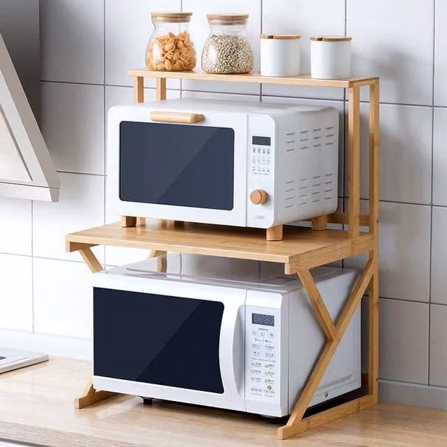EONLION 2-Tier Bamboo Microwave Oven Stand and Spice Rack in Brown, Width: 100 cm – 1
