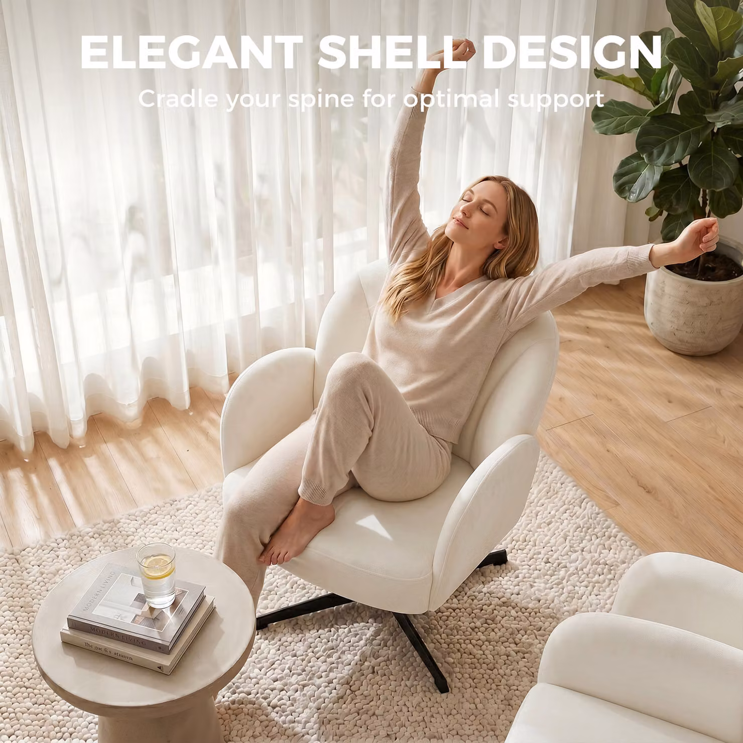 HOMCOM Shell-Shaped Swivel Accent Chair in White Velvet with Metal Base – 2