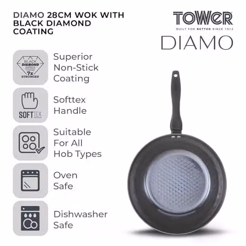 Tower Diamo Ceramic Non-Stick Wok, Black, 28cm – 2