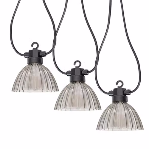 ValueLights Smoked Pleated LED Outdoor Garden String Lights with 10 Glass Domes in Grey, Warm White, Battery Operated with Timer