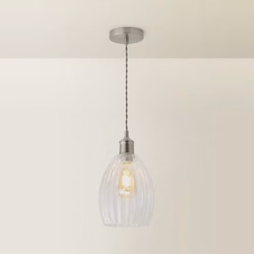 ValueLights Cheltenham Brushed Chrome and Transparent Ribbed Glass Dome Pendant Ceiling Light with Bulb – 1
