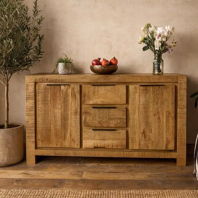 Wyld Haus California Modern Solid Mango Wood Large Sideboard with 2 Doors and 3 Drawers, Brown, W/D/H: 145.0 x 40.0 x 80.0 cm – 1
