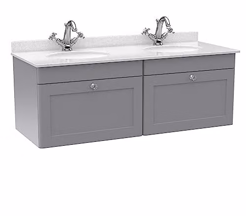nuie Classique Traditional Wall Hung Double Bathroom Vanity Unit with 2 Drawers, Marble Top and Round Basin, Satin Grey and White, W: 120 cm