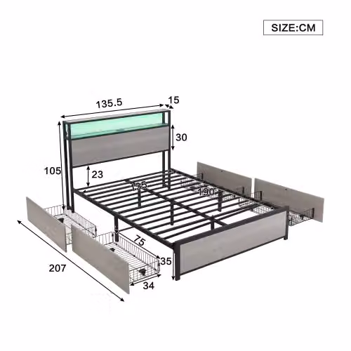 Matteo Metal Double Bed in Grey with 4 Drawers, LED Light Strip, 2 USB and 1 Type C Ports, W/D/H: 140 x 200 x 105 cm – 7