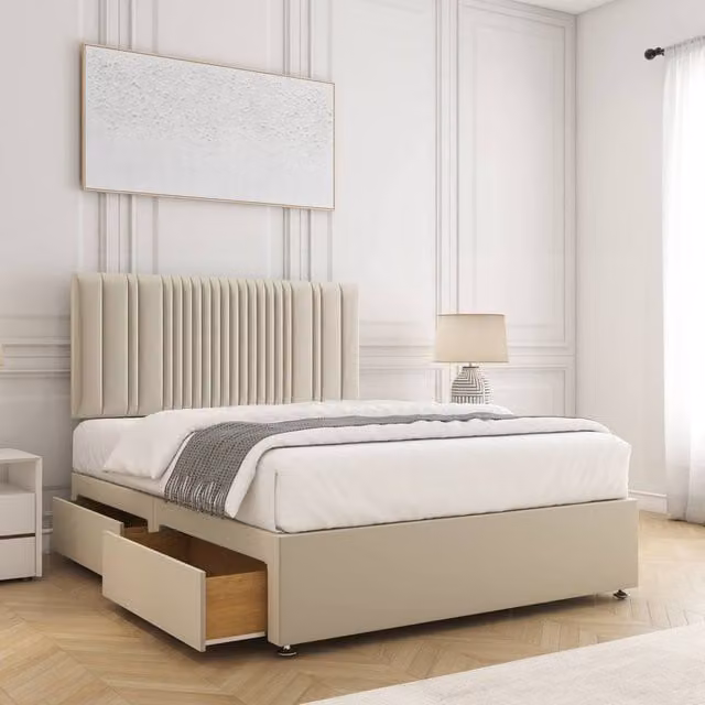 BSSPOKE Florence King Size Plush Velvet Divan Bed Set with 24 inch Headboard, 4 Drawers and Mattress in Cream