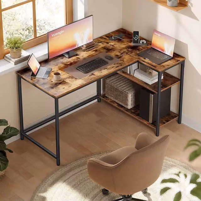 The Bazaarist L Shaped Corner Office Desk with Power Outlets, Rustic Brown