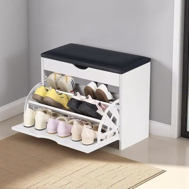 VOGREX Wooden Shoe Storage Bench with Synthetic Leather Cushion Cover in White