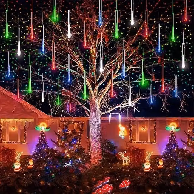 EONLION Multicoloured LED Solar Meteor Shower Rain Curtain Lights in White, Height: 100 cm