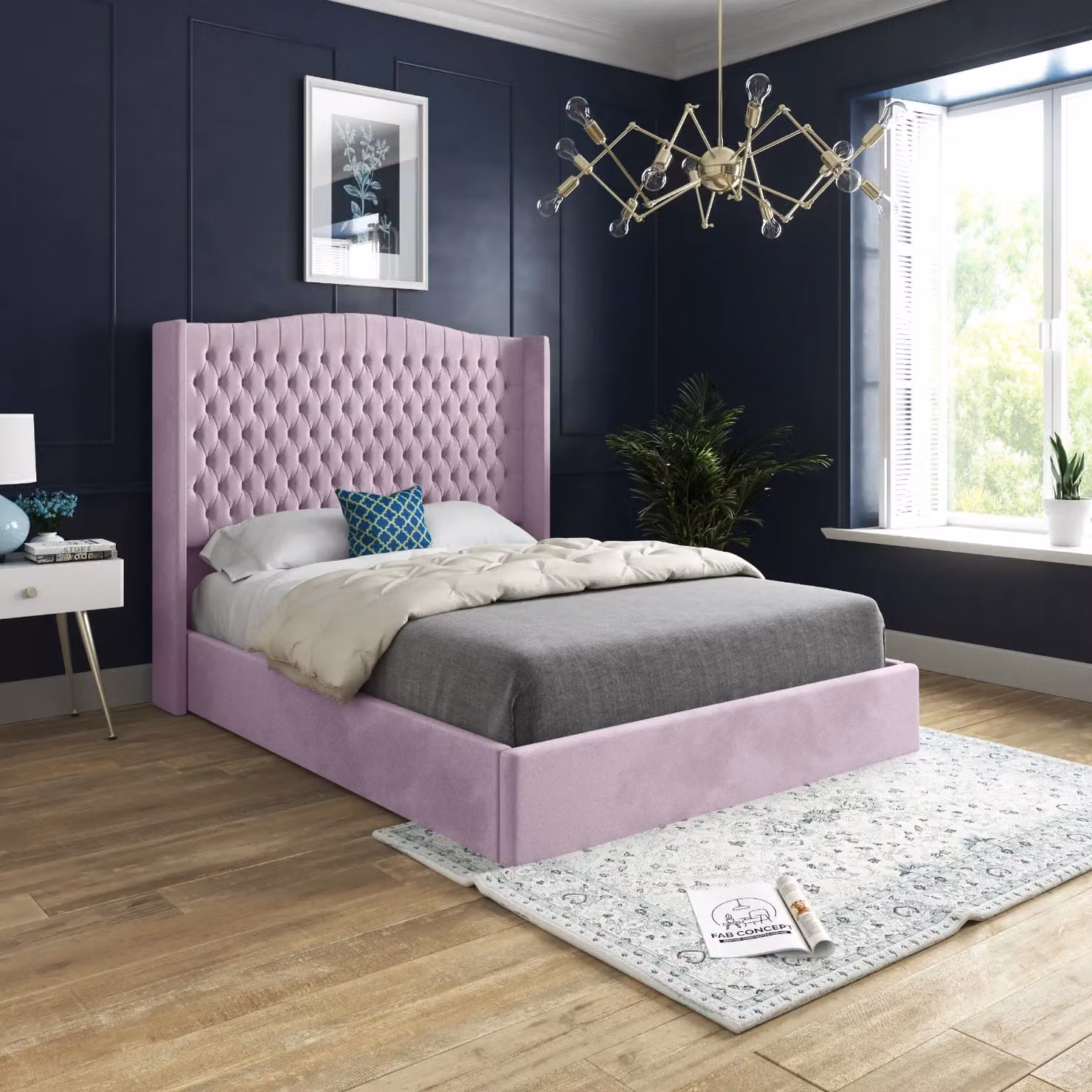 Casani Chesterfield Upholstered Velvet Bed Frame in Pink, W/D/H: 144 x 137 x 200 cm – 2