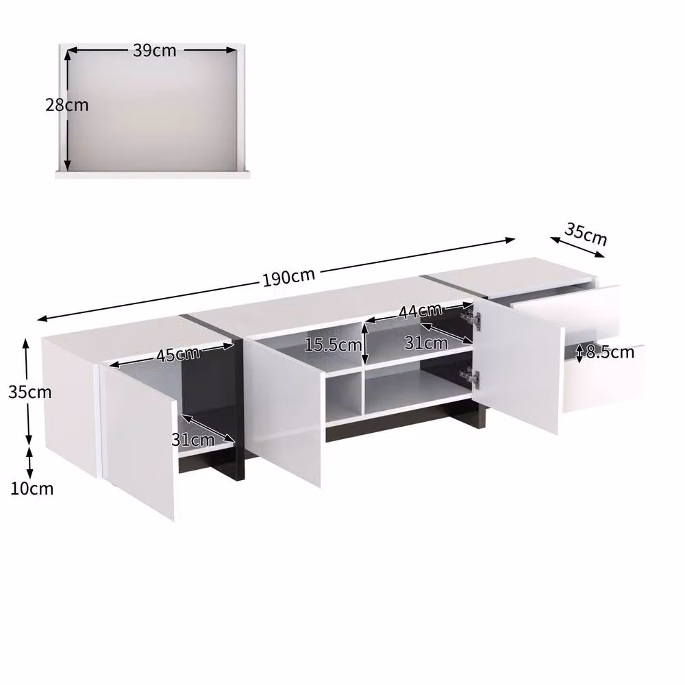 Merax Modern Glossy TV Unit with 3 Doors and 2 Drawers in White or Black, W: 190 cm, H: 45 cm, D: 35 cm – 2