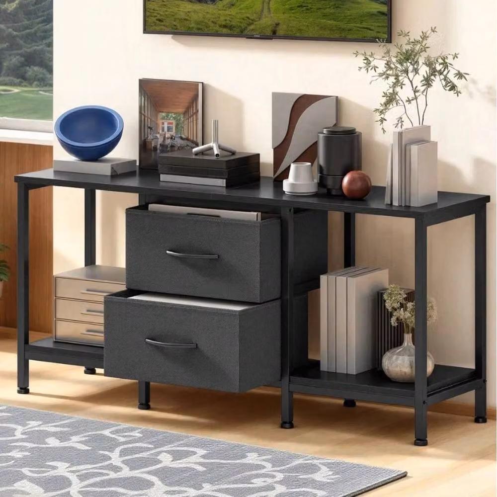 VOGREX Black Modern TV Stand Entertainment Unit with Metal Frame and Fabric Drawers – 3