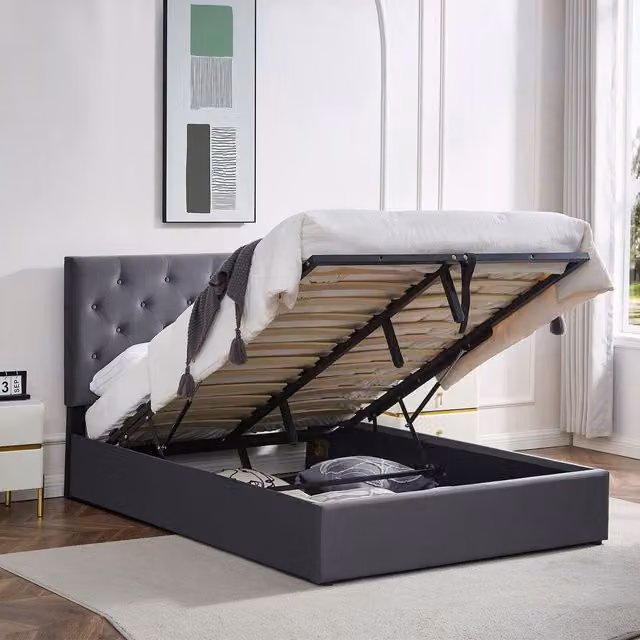 Furniture One Grey Upholstered Lift Up Storage Platform Bed with Adjustable Tufted Headboard