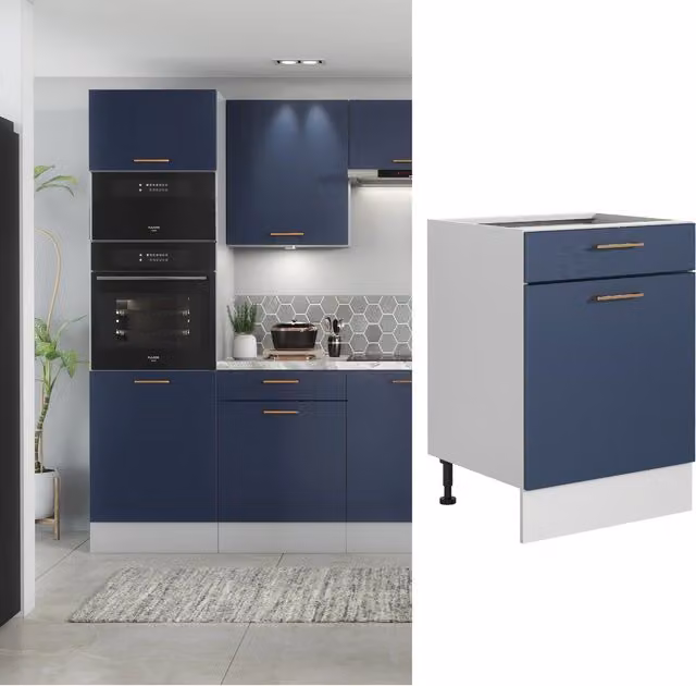 Impact Furniture NORA 600mm Kitchen Drawer Base Unit with Soft-Close Doors and Copper Handles, Navy Blue and Grey Matt