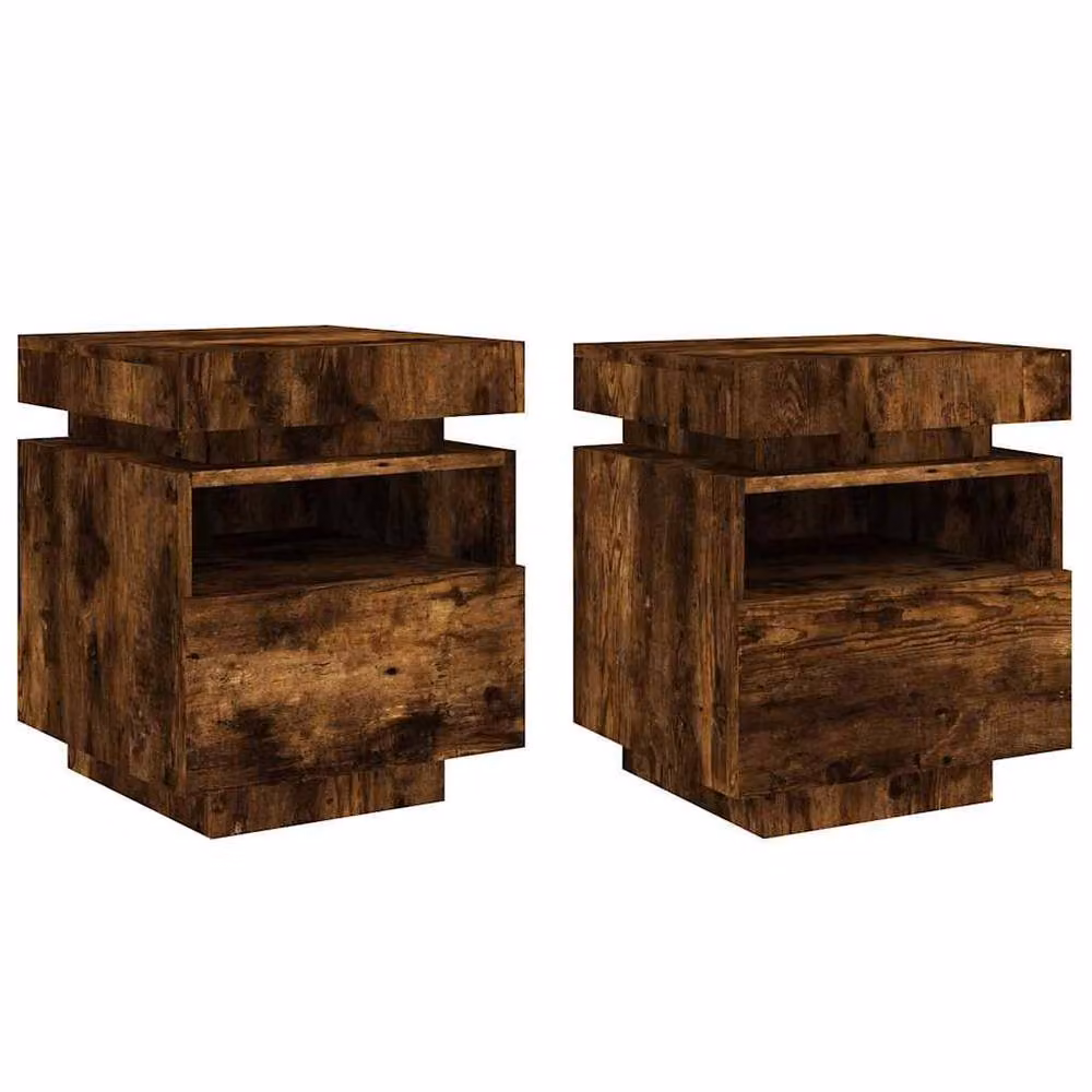 Berkfield Home Set of 2 Decorative Bedside Cabinets with Integrated LED Lights in Smoked Oak Brown, W: 39 cm, D: 39 cm, H: 48.5 cm – 3