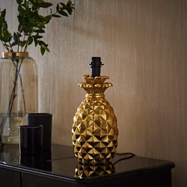 ValueLights Pineapple Quirky Table Lamp in Gold/Brass with Black Fabric Shade
