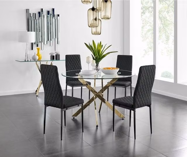 FurnitureboxUK Novara Gold Round Glass Dining Table with Four Milan Black Leg Chairs