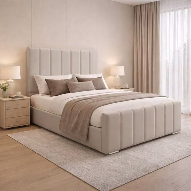 Desire Deco Eleanor Upholstered Plush Velvet Panel Bed Frame in Light Beige, W/D/H: 120 x 200 cm – 1