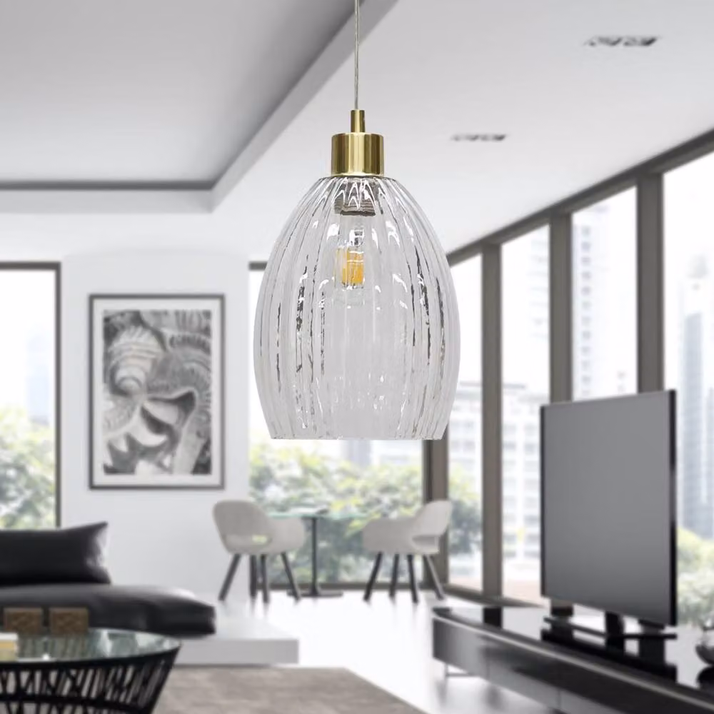 First Choice Lighting Birch Pendant Light with Transparent Fluted Glass and Satin Brass Fitting – 3