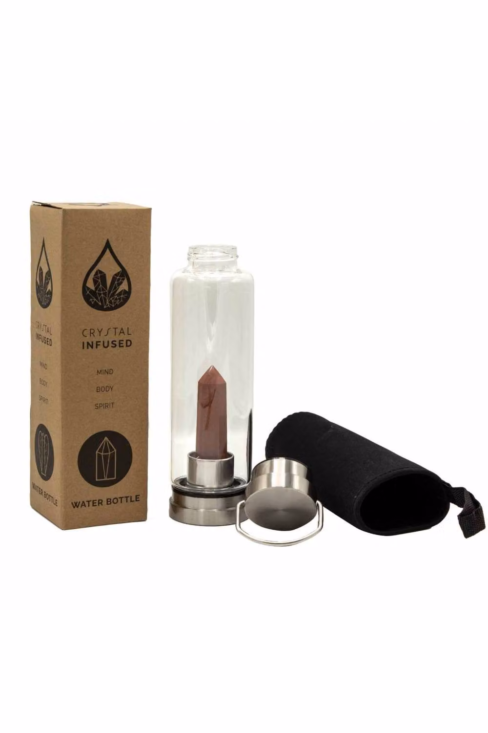 KDMD Red Jasper Crystal Infused Borosilicate Glass Water Bottle in Silver – 2