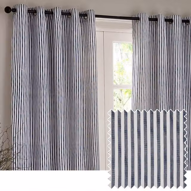 Yard Hebden Navy Blue Striped 100% Cotton Blackout Eyelet Curtain Pair, Width: 229 cm, Drop: 183 cm – 1