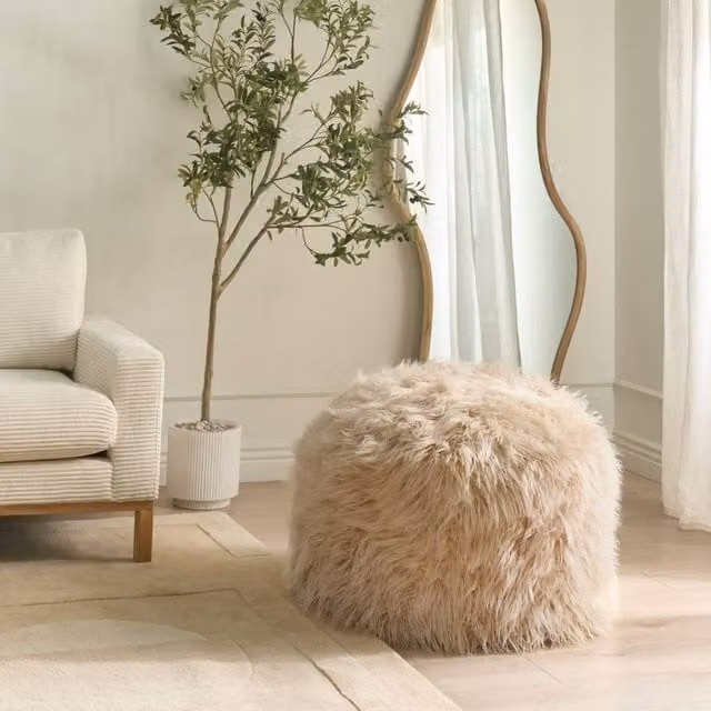 Wyld and Coco Beige Faux Fur Cylindrical Pouffe with Removable Cover, W/D/H: 70 x 70 x 70 cm