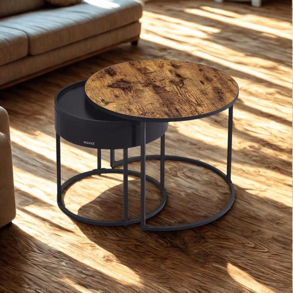 Pirlo Plush 2-Piece Industrial Round Nesting Tables in Brown – 3