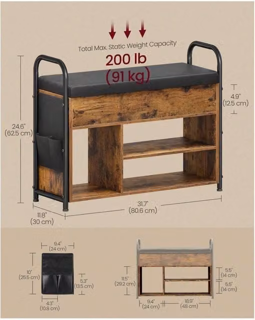 VASAGLE Industrial Shoe Storage Bench with Synthetic Leather Pockets in Bronze and Brown