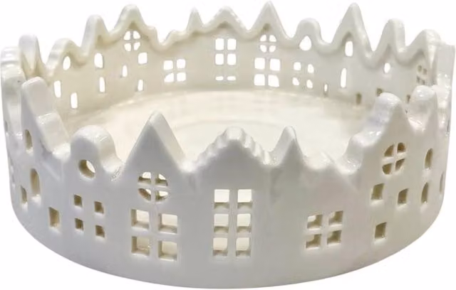 Four Candle White Glazed Ceramic Candle Tray with Silhouette Houses Design