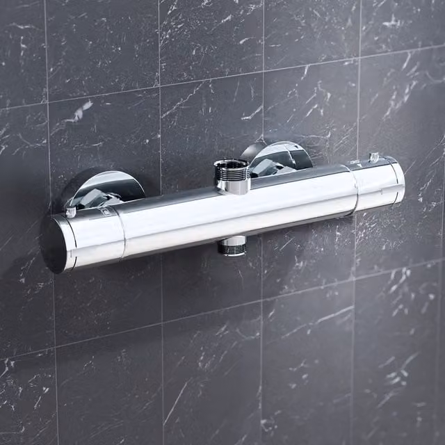 Nes Home Round Chrome Thermostatic Double Outlet Wall Mounted Shower Bar Valve in Silver