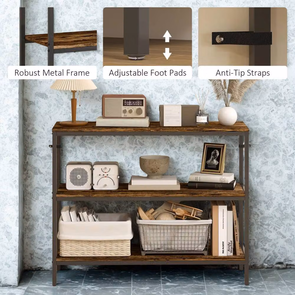 FURNOS 3 Tier Industrial Console Table in Brown and Black, W/D/H: 101 x 35 x 80 cm – 3