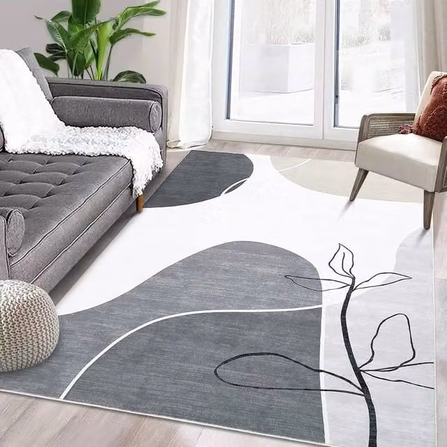VOGREX Modern Floral Round Stain Resistant Rug in Grey and Beige, Diameter: 100 cm