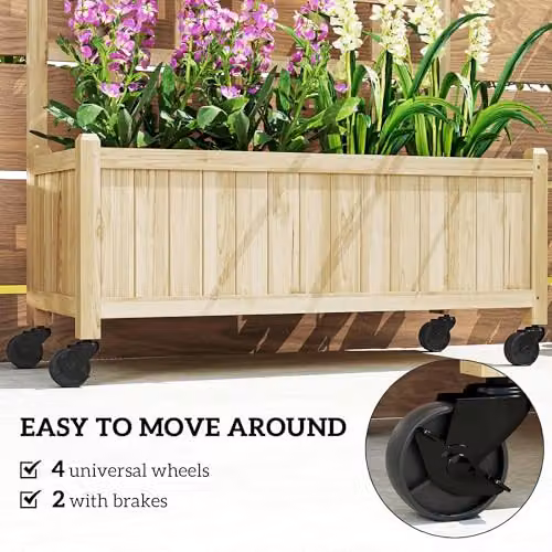 Outsunny Wooden Trellis Raised Bed Planter with Wheels in Brown – 3