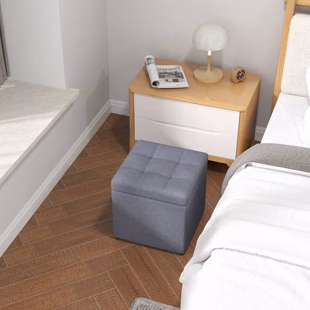 Costway Square Storage Ottoman in Grey Linen Fabric with Wood Frame