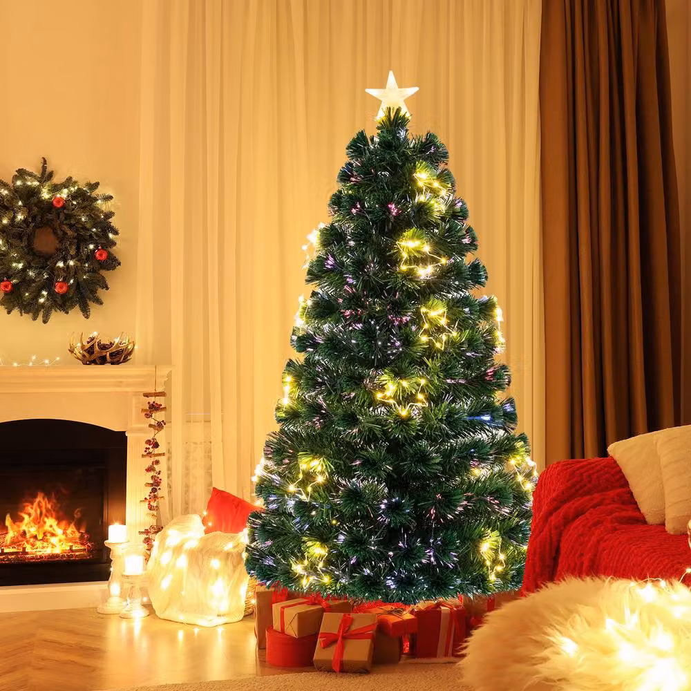 Gymax Pre-Lit Christmas Tree with Warm-White Star String Lights, Green, Height: 150 cm – 9